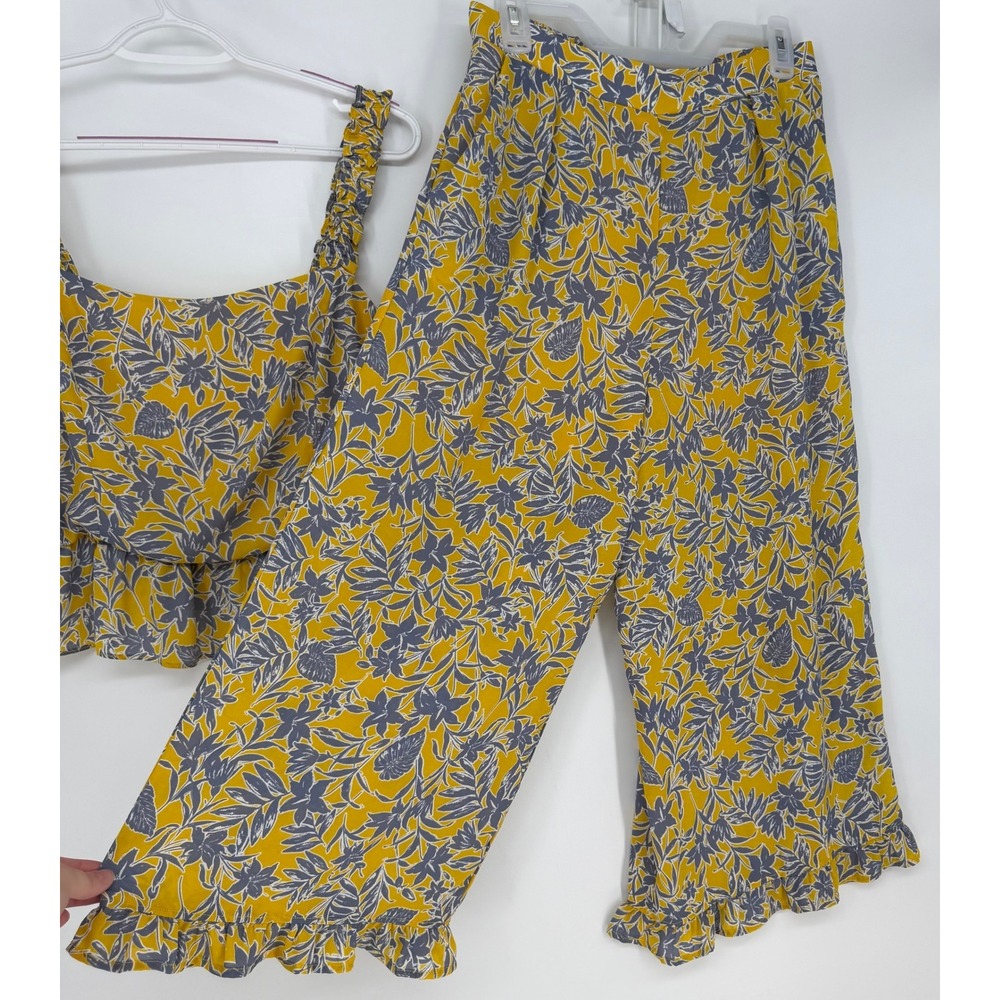 19 Cooper 2 Piece Set Women L/M Yellow Floral Peplum Top Wide Leg Pants Tropical - Picture 3 of 10